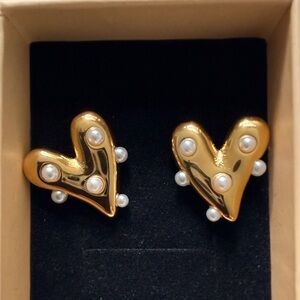Gold Heart Pearl Stud Earrings
